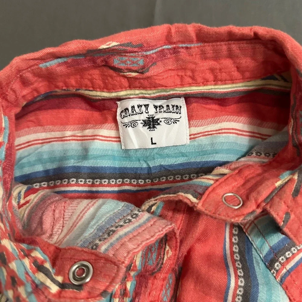 Crazy Train Shirt Mens Large Red Multi Color Western Aztec Pearl Snaps Cowboy